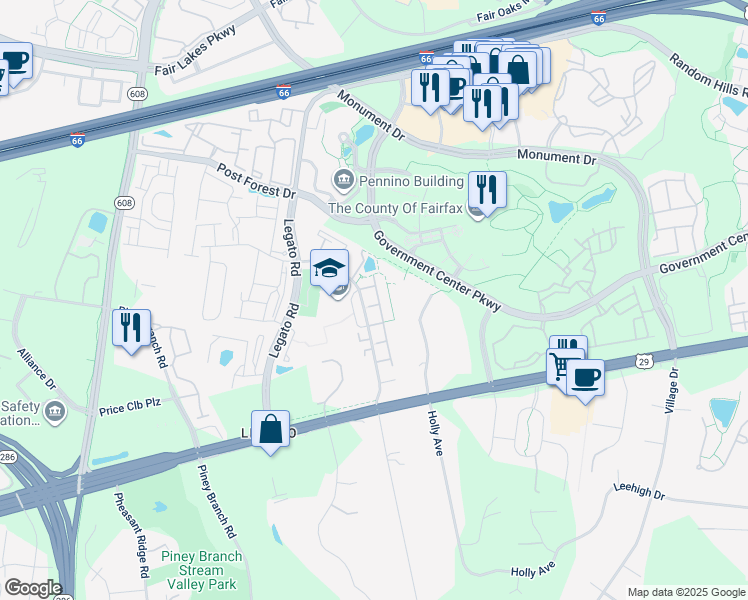 map of restaurants, bars, coffee shops, grocery stores, and more near 12012 English Maple Lane in Fairfax