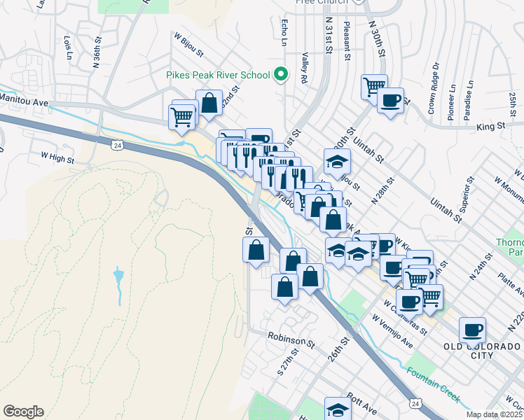 map of restaurants, bars, coffee shops, grocery stores, and more near 3023 W Colorado Ave in Colorado Springs