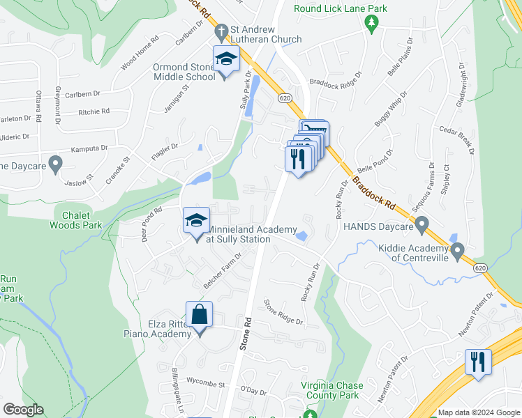 map of restaurants, bars, coffee shops, grocery stores, and more near 14568 Croatan Drive in Centreville