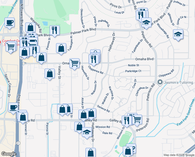 map of restaurants, bars, coffee shops, grocery stores, and more near 1379 Nokomis Drive in Colorado Springs