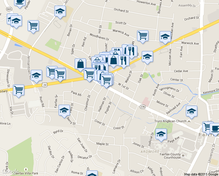 map of restaurants, bars, coffee shops, grocery stores, and more near Main St & Hallman St in Fairfax