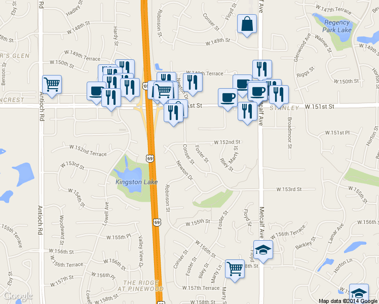map of restaurants, bars, coffee shops, grocery stores, and more near 15271 Conser St in Overland Park