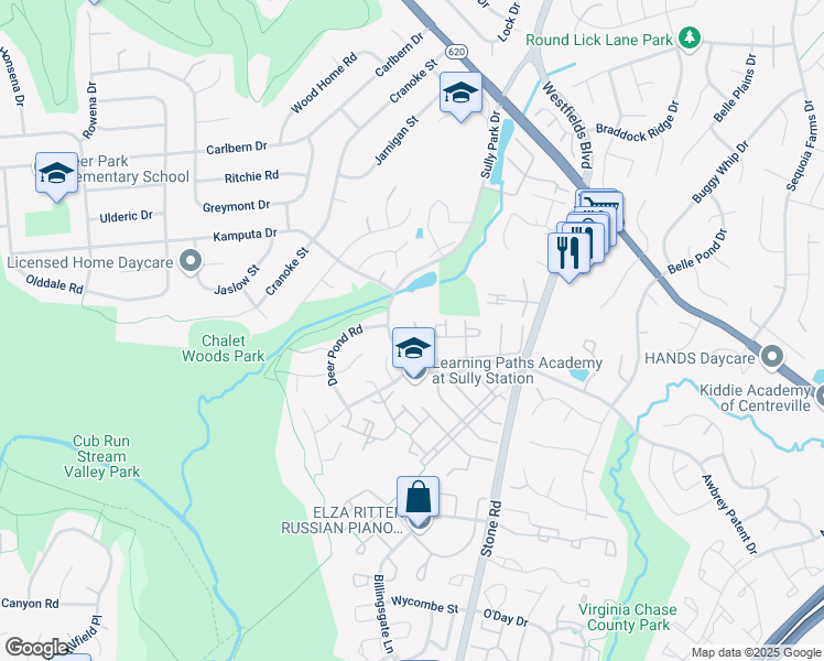 map of restaurants, bars, coffee shops, grocery stores, and more near 5708 Wood Creek Lane in Centreville