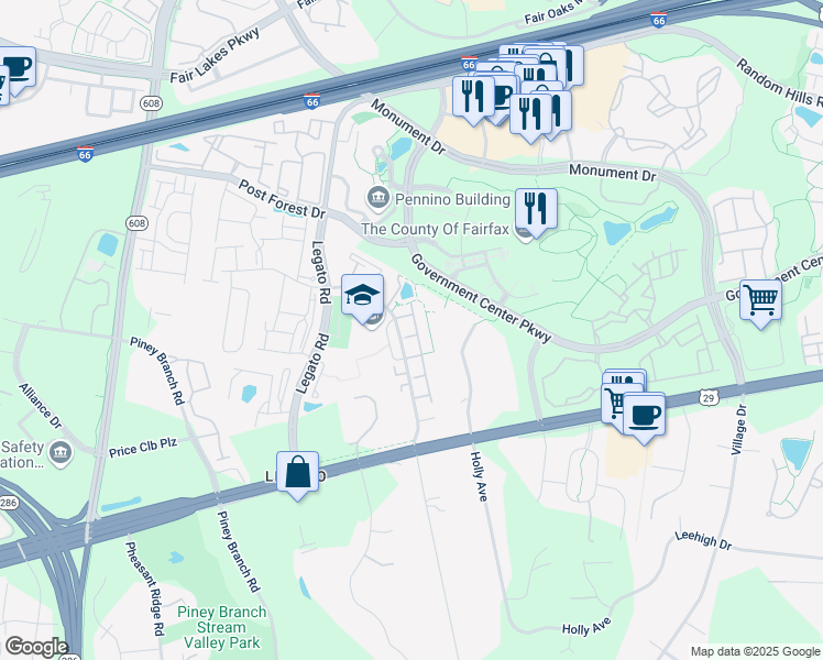 map of restaurants, bars, coffee shops, grocery stores, and more near 12012 English Maple Lane in Fairfax
