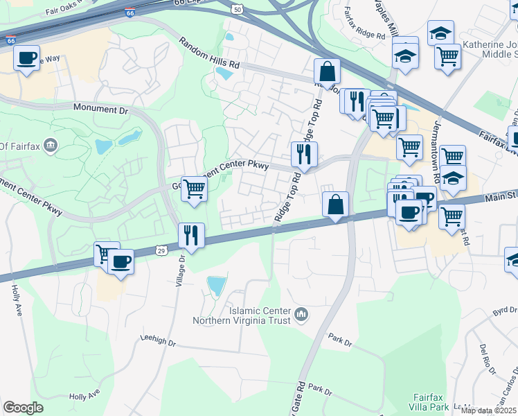 map of restaurants, bars, coffee shops, grocery stores, and more near 11578A Cavalier Landing Court in Fairfax
