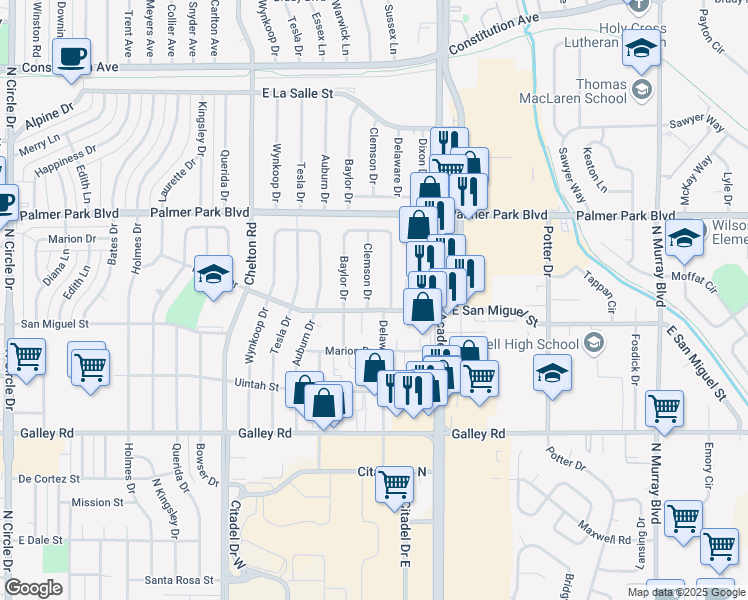 map of restaurants, bars, coffee shops, grocery stores, and more near 1307 Clemson Drive in Colorado Springs