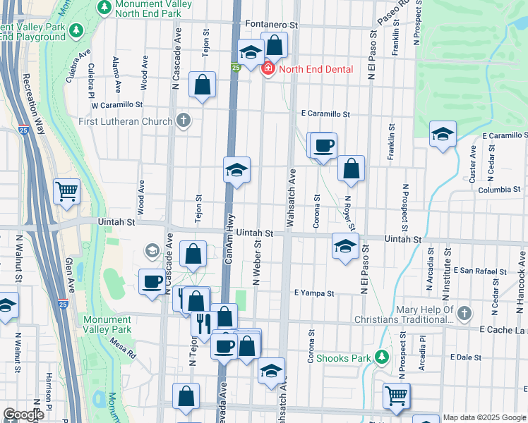 map of restaurants, bars, coffee shops, grocery stores, and more near 1225 North Weber Street in Colorado Springs