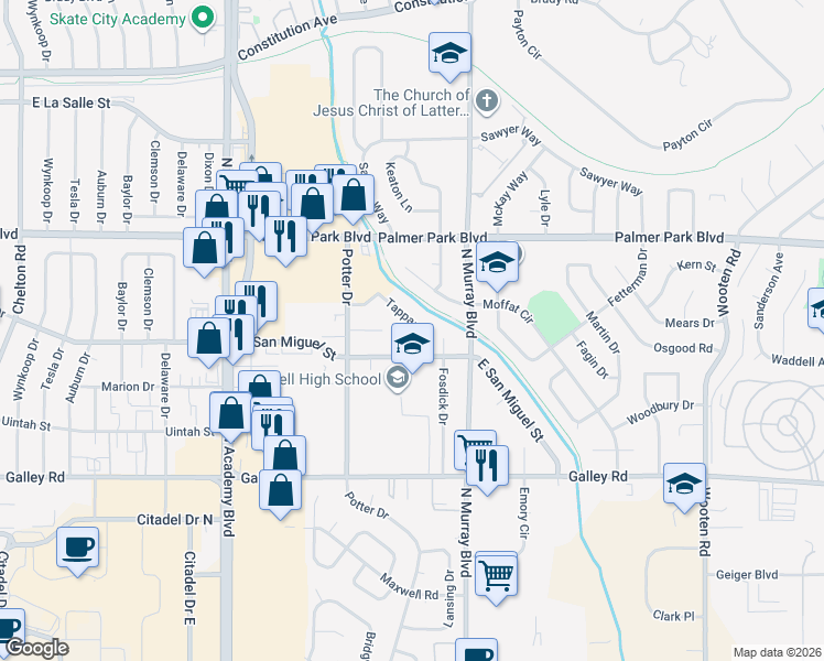 map of restaurants, bars, coffee shops, grocery stores, and more near 1311 Tappan Circle in Colorado Springs