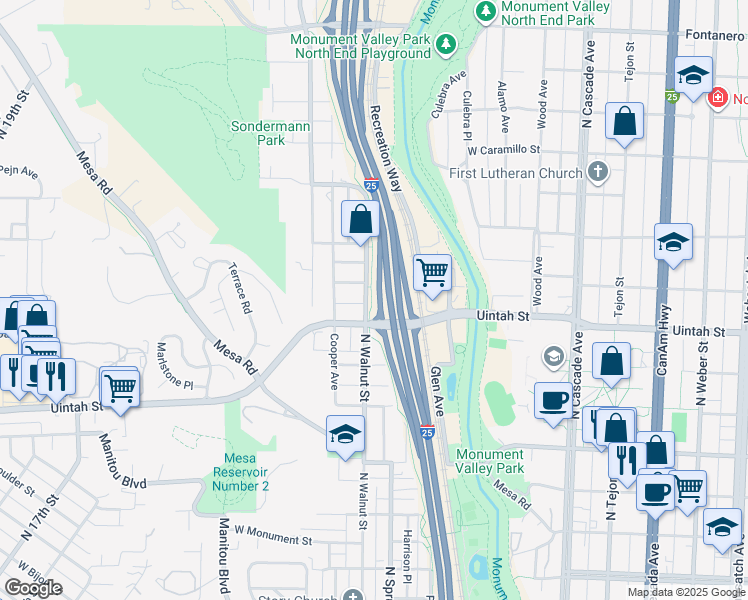 map of restaurants, bars, coffee shops, grocery stores, and more near 1219 North Walnut Street in Colorado Springs