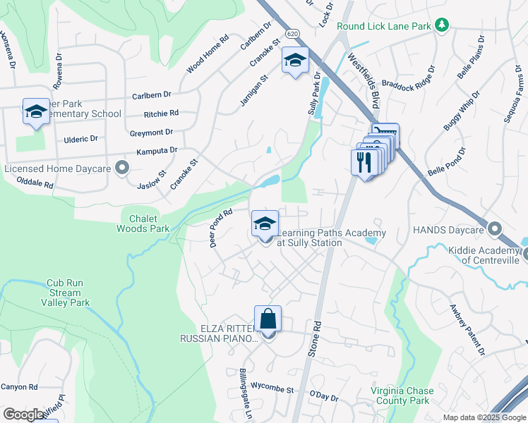 map of restaurants, bars, coffee shops, grocery stores, and more near 5708 Wood Creek Lane in Centreville