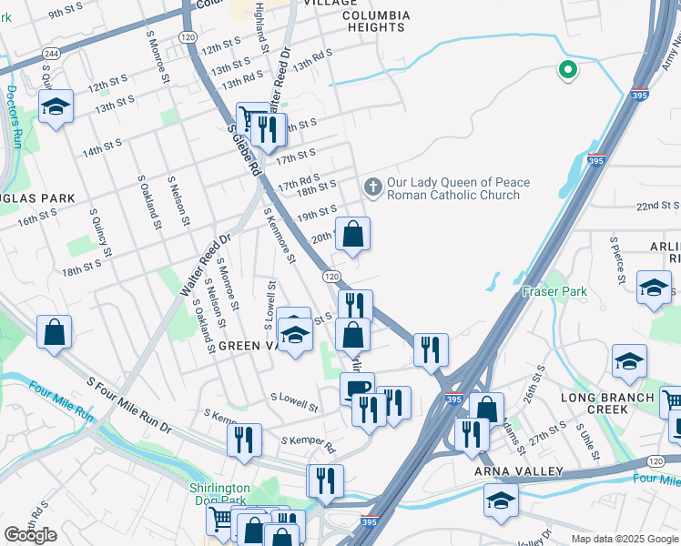 map of restaurants, bars, coffee shops, grocery stores, and more near 2057 South Glebe Road in Arlington