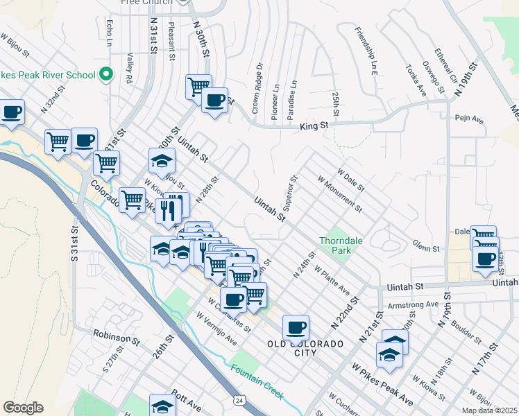 map of restaurants, bars, coffee shops, grocery stores, and more near 212 Crown High Court in Colorado Springs