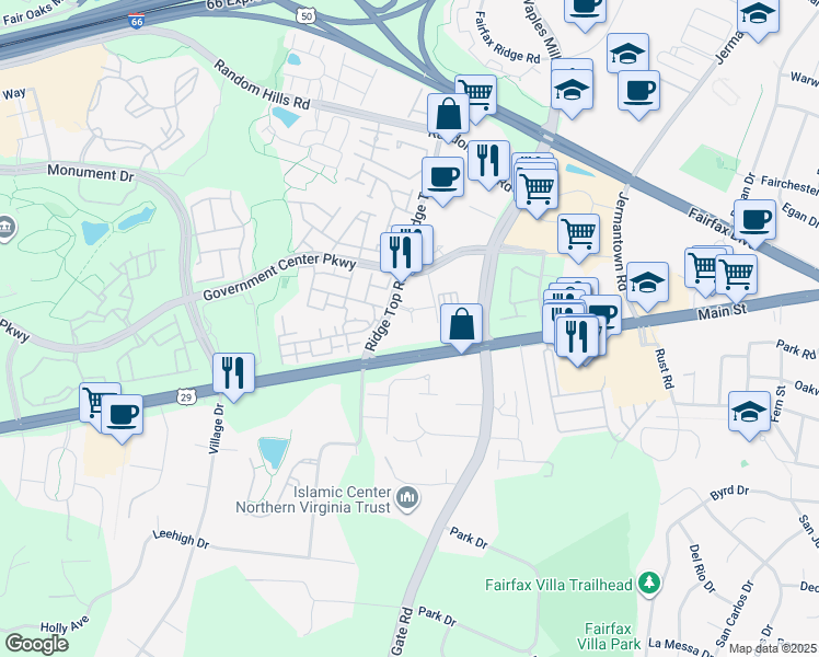 map of restaurants, bars, coffee shops, grocery stores, and more near 4211 Ridge Top Road in Fairfax