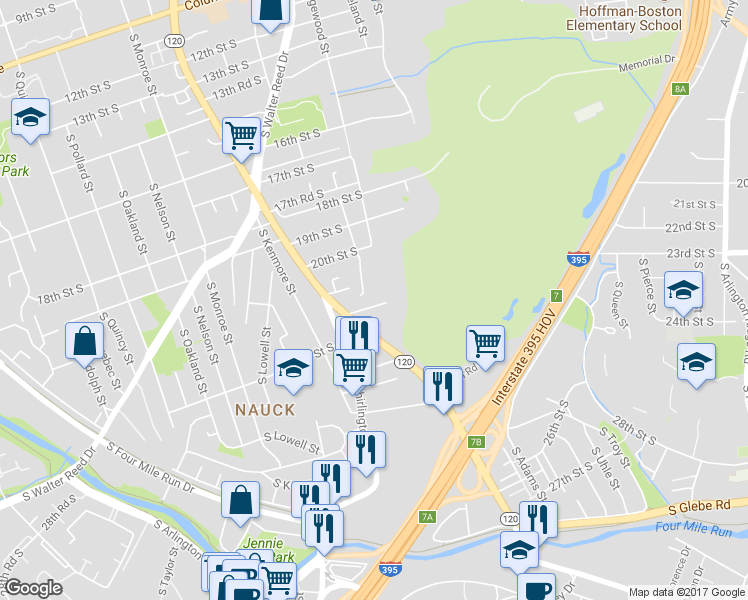 map of restaurants, bars, coffee shops, grocery stores, and more near 2805 21st Road South in Arlington