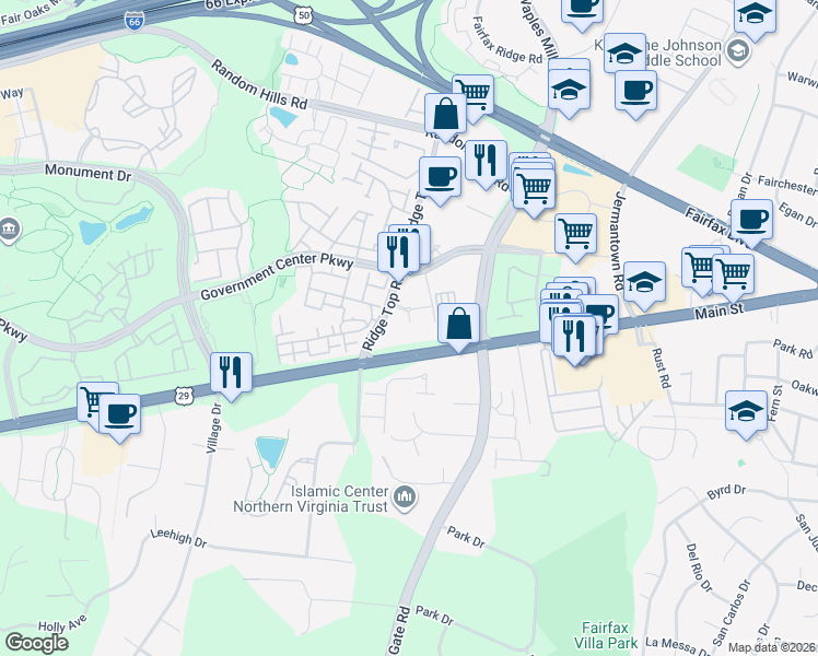 map of restaurants, bars, coffee shops, grocery stores, and more near 4211 Ridge Top Road in Fairfax