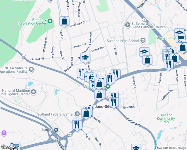 map of restaurants, bars, coffee shops, grocery stores, and more near 2826 Lewis Avenue in Hillcrest Heights