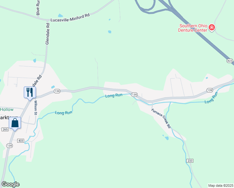 map of restaurants, bars, coffee shops, grocery stores, and more near 8432 Ohio 139 in Minford