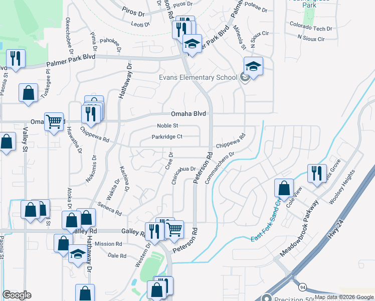 map of restaurants, bars, coffee shops, grocery stores, and more near 6879 Chippewa Road in Colorado Springs