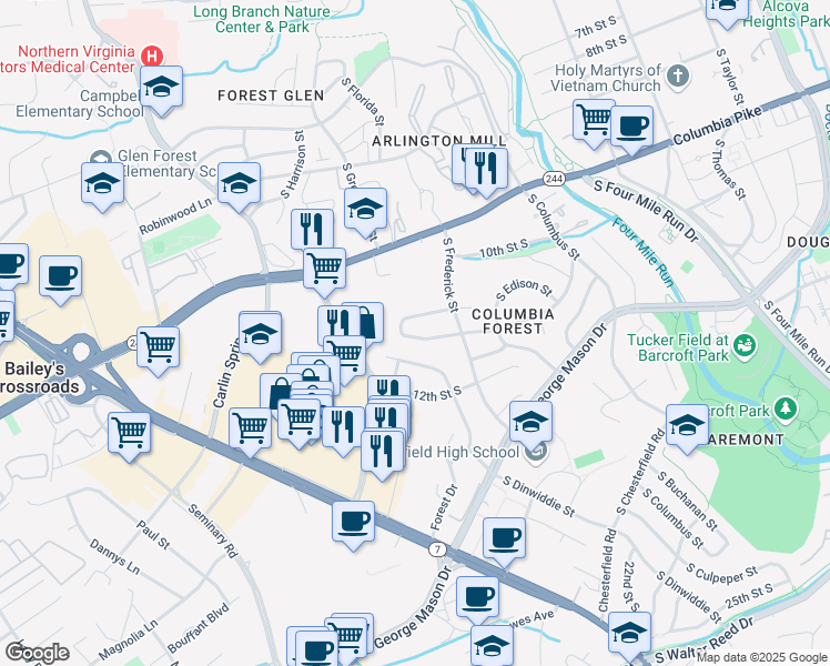 map of restaurants, bars, coffee shops, grocery stores, and more near 5229 11th Street South in Arlington