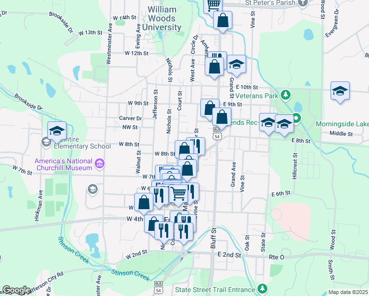 map of restaurants, bars, coffee shops, grocery stores, and more near 804 Court Street in Fulton