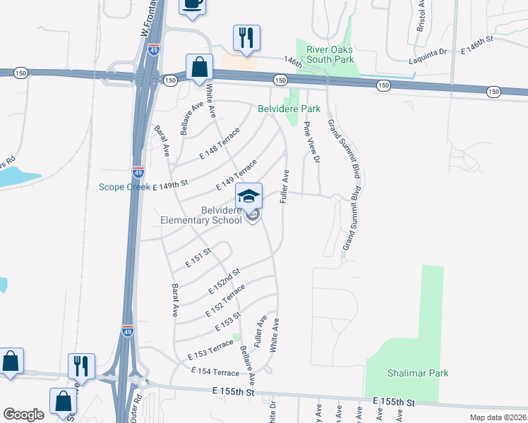 map of restaurants, bars, coffee shops, grocery stores, and more near 15011 White Avenue in Grandview