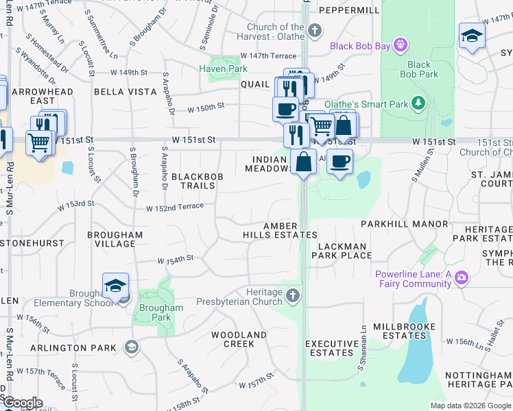 map of restaurants, bars, coffee shops, grocery stores, and more near 15207 South Blackfeather Street in Olathe