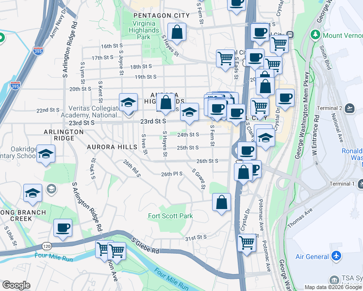 map of restaurants, bars, coffee shops, grocery stores, and more near 709 25th Street South in Arlington