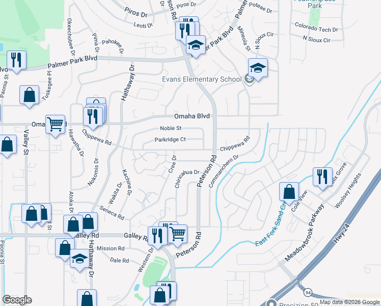 map of restaurants, bars, coffee shops, grocery stores, and more near 6879 Chippewa Road in Colorado Springs