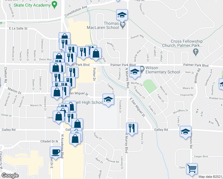 map of restaurants, bars, coffee shops, grocery stores, and more near 1311 Tappan Circle in Colorado Springs