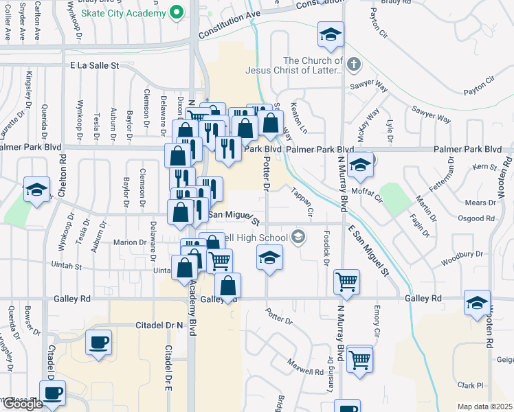 map of restaurants, bars, coffee shops, grocery stores, and more near 3920 East San Miguel Street in Colorado Springs