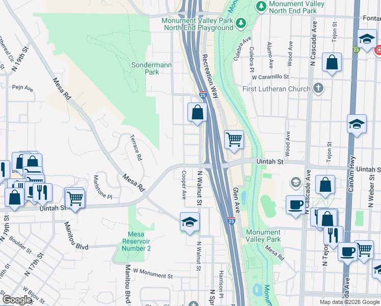 map of restaurants, bars, coffee shops, grocery stores, and more near 1220 Cooper Avenue in Colorado Springs