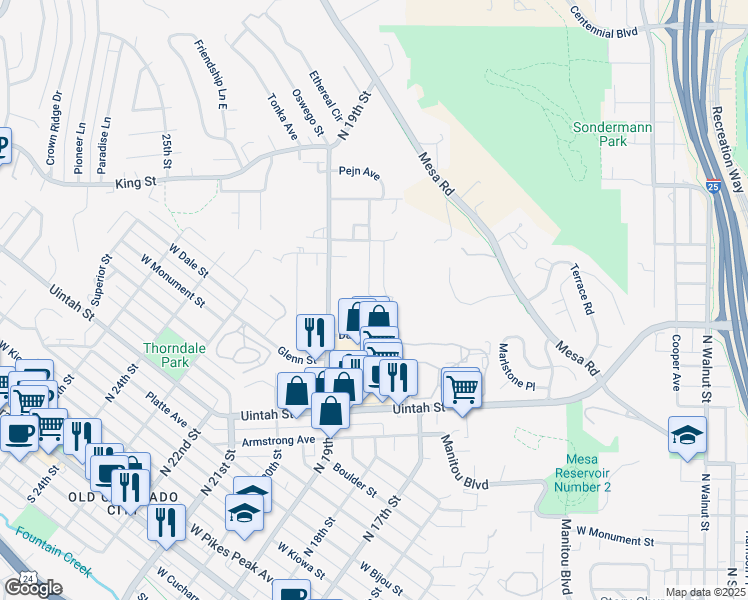map of restaurants, bars, coffee shops, grocery stores, and more near 927 North 19th Street in Colorado Springs