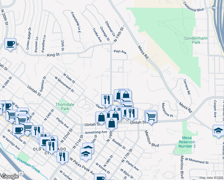 map of restaurants, bars, coffee shops, grocery stores, and more near in Colorado Springs