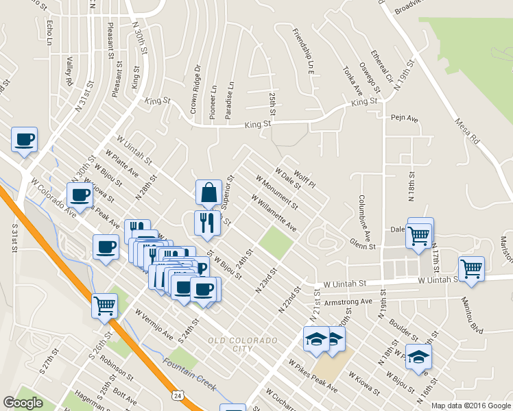 map of restaurants, bars, coffee shops, grocery stores, and more near 2425 West Willamette Avenue in Colorado Springs