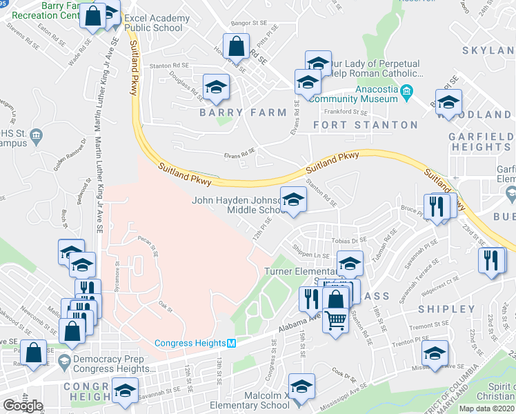 map of restaurants, bars, coffee shops, grocery stores, and more near 2806 Jasper Road Southeast in Washington
