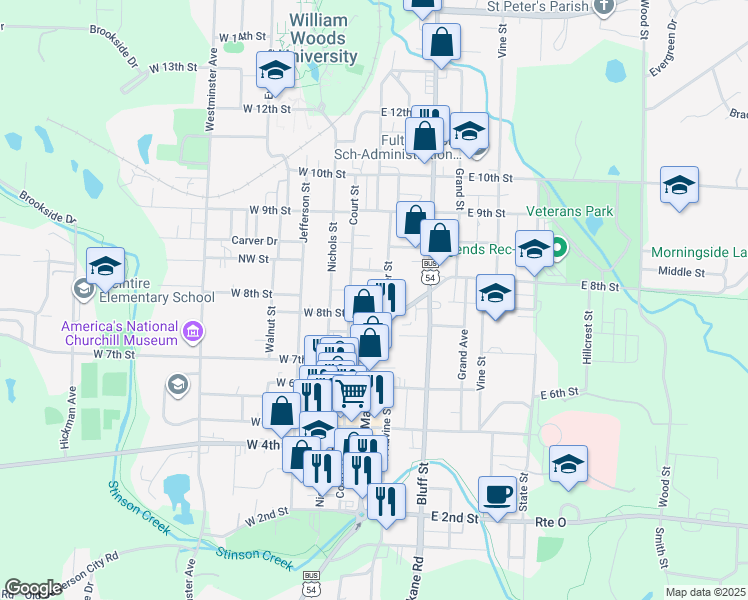 map of restaurants, bars, coffee shops, grocery stores, and more near 804 Court Street in Fulton
