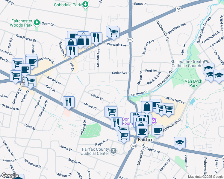 map of restaurants, bars, coffee shops, grocery stores, and more near 10601 Springmann Drive in Fairfax
