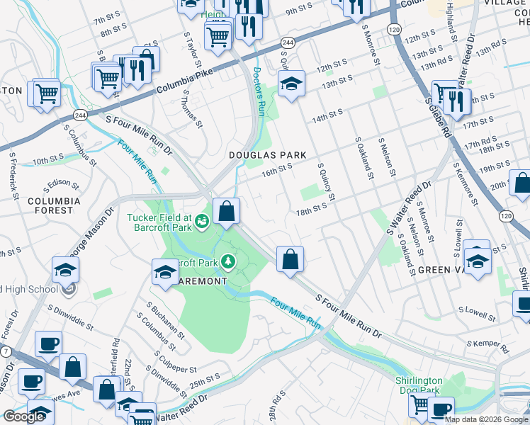 map of restaurants, bars, coffee shops, grocery stores, and more near 1718 South Taylor Street in Arlington