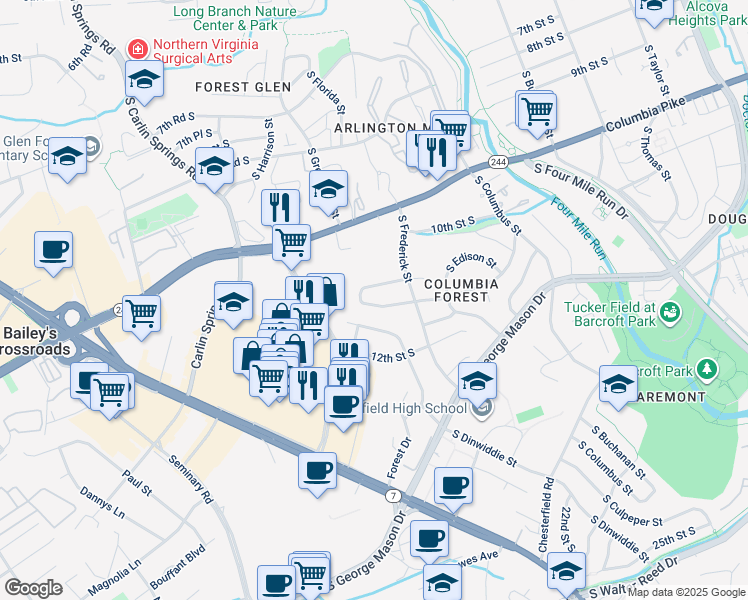 map of restaurants, bars, coffee shops, grocery stores, and more near 5229 11th Street South in Arlington
