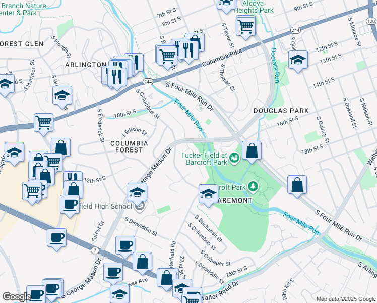map of restaurants, bars, coffee shops, grocery stores, and more near 1300 South Buchanan Street in Arlington