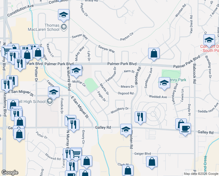 map of restaurants, bars, coffee shops, grocery stores, and more near 1306 Osgood Road in Colorado Springs