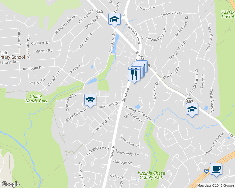 map of restaurants, bars, coffee shops, grocery stores, and more near 5705 Croatan Court in Centreville