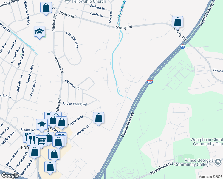 map of restaurants, bars, coffee shops, grocery stores, and more near 2716 Timbercrest Drive in District Heights