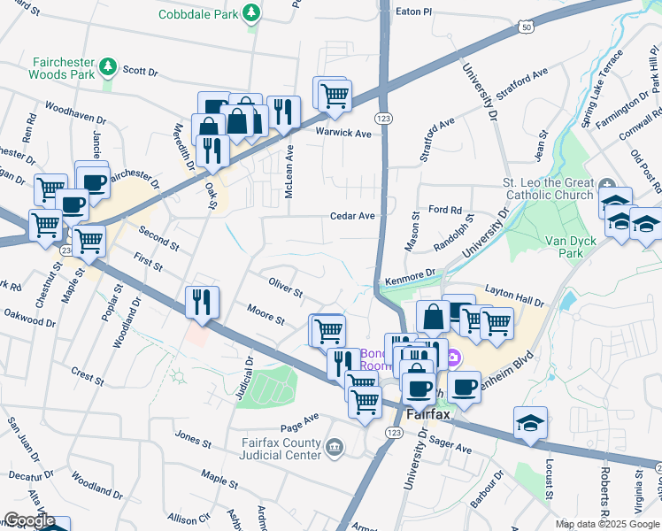 map of restaurants, bars, coffee shops, grocery stores, and more near 10601 Springmann Drive in Fairfax