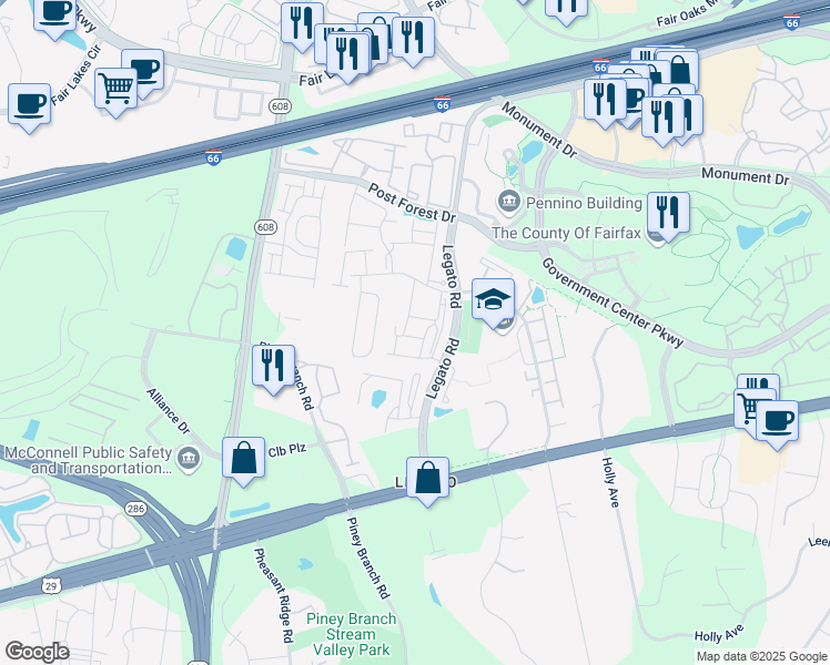 map of restaurants, bars, coffee shops, grocery stores, and more near 12146 Monteith Lane in Fairfax