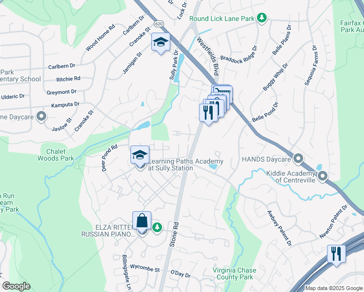 map of restaurants, bars, coffee shops, grocery stores, and more near 5705 Croatan Court in Centreville