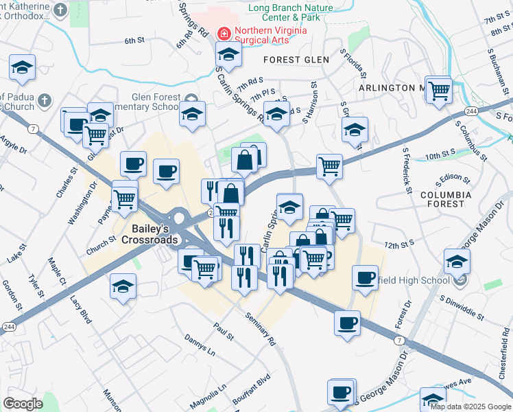 map of restaurants, bars, coffee shops, grocery stores, and more near 5669 Columbia Pike in Falls Church