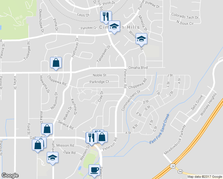 map of restaurants, bars, coffee shops, grocery stores, and more near 6879 Chippewa Road in Colorado Springs