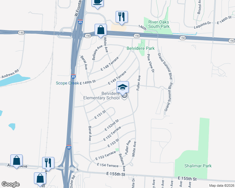 map of restaurants, bars, coffee shops, grocery stores, and more near 6302 East 150th Terrace in Grandview