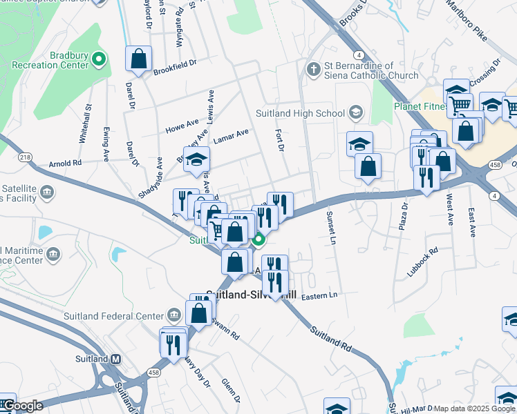 map of restaurants, bars, coffee shops, grocery stores, and more near Towne Square Boulevard in Suitland-Silver Hill